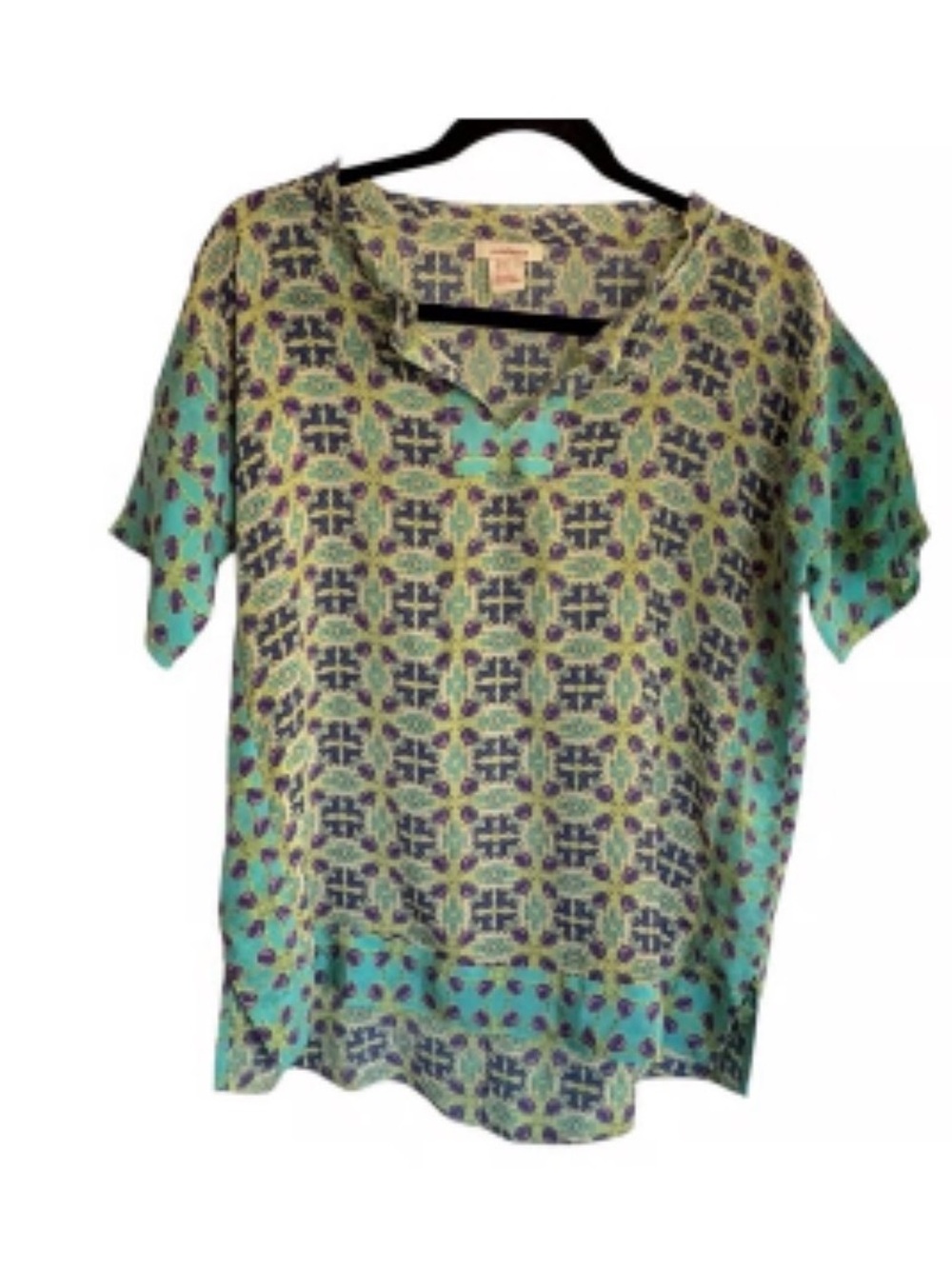 Sundance SILK Teal and Navy Geometric Short-Sleeve Top